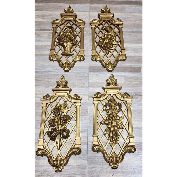 4 Vintage Dart Homco Gold Hollywood Regency Wall Plaques 1971 MCM - Picture 1 of 8